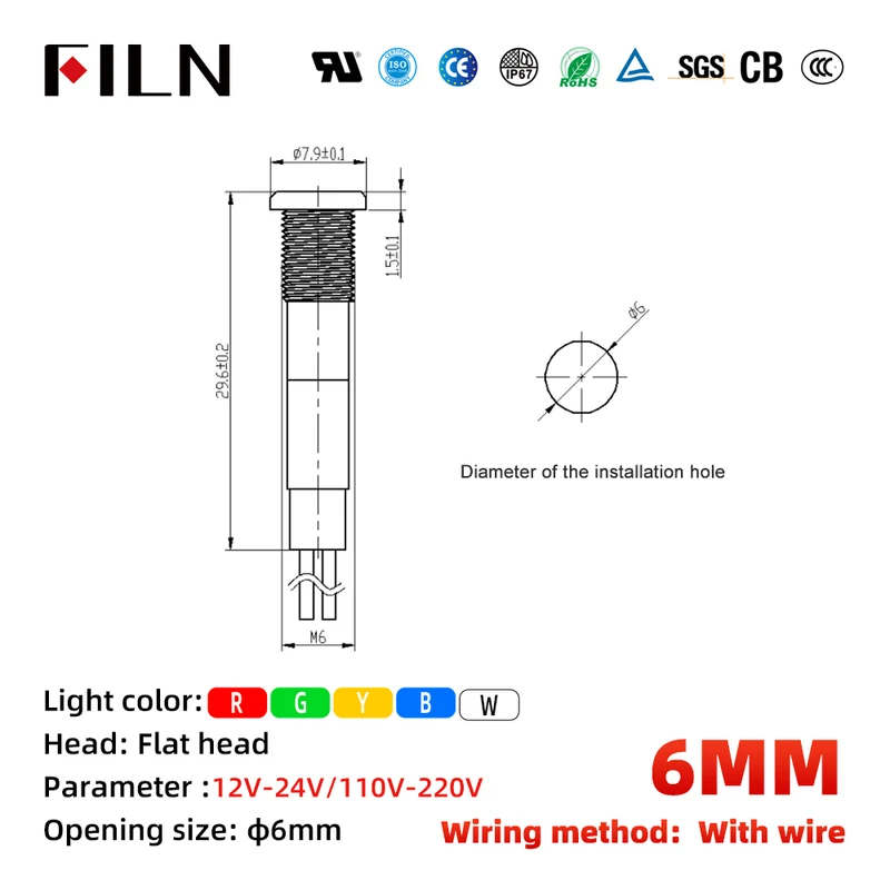 6MM Mini LED Light Indicator Pilot 12V 220V Pre-wired IP67 Metal Signal Lamp