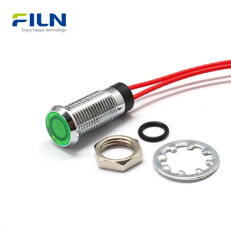 8mm LED Indicator Light Metal Flat Head Wire length 15 cm Industrial 3-220V FILN