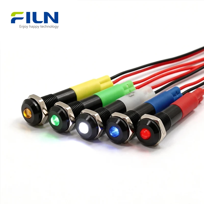 FILN 6MM Green Indicator Light Convex Head Metal Signal Pilot Lamp with 20cm Cable