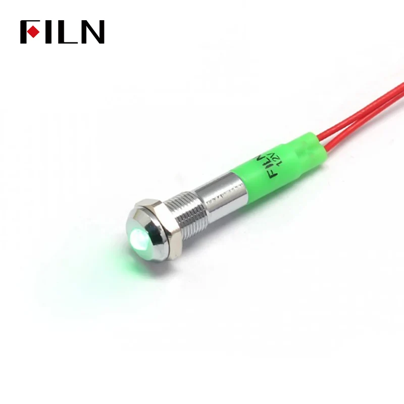 FILN 6MM Green Indicator Light Convex Head Metal Signal Pilot Lamp with 20cm Cable