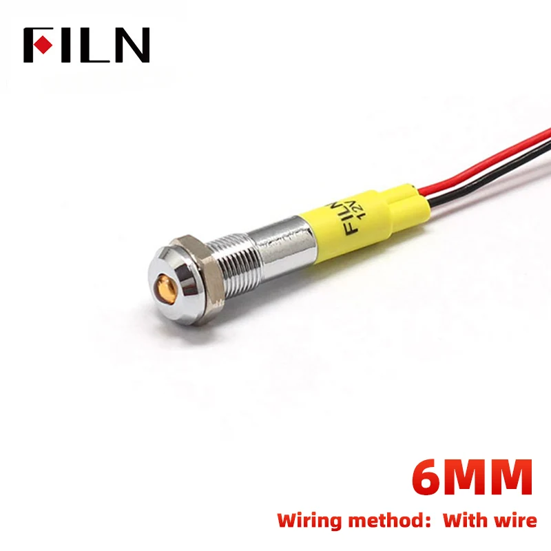 FILN 6MM Green Indicator Light Convex Head Metal Signal Pilot Lamp with 20cm Cable