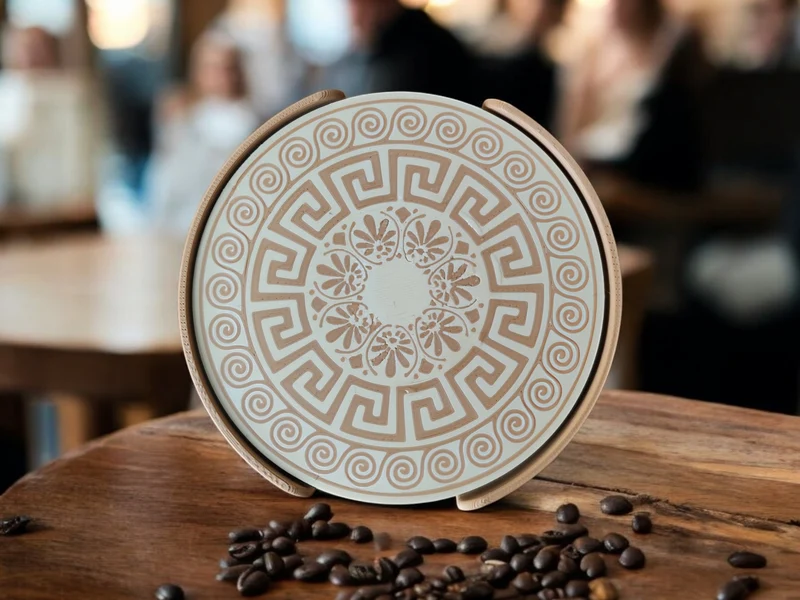 Sous-verres en verre au design grec avec support pratique