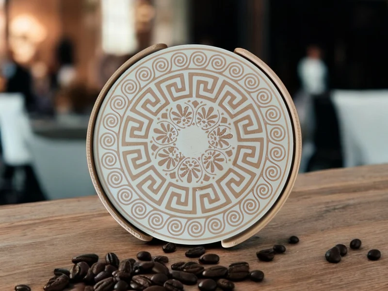 Sous-verres en verre au design grec avec support pratique