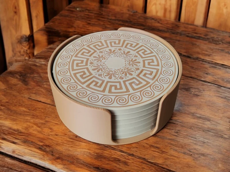 Sous-verres en verre au design grec avec support pratique