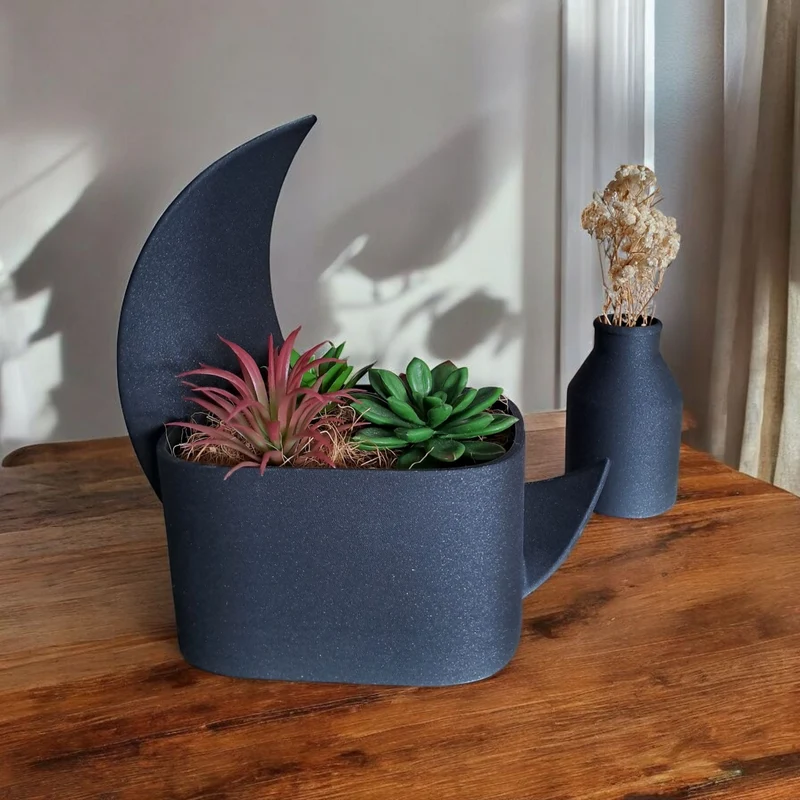Pot en demi-lune décoratif et vase assorti