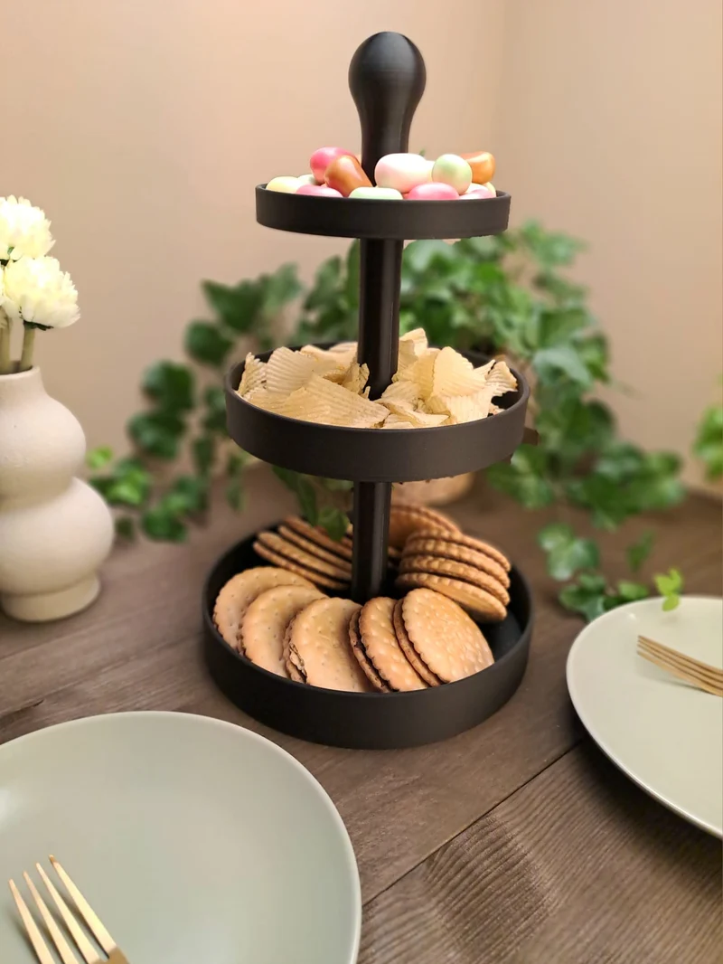 Présentoir de service à trois étages pour snacks et gâteaux