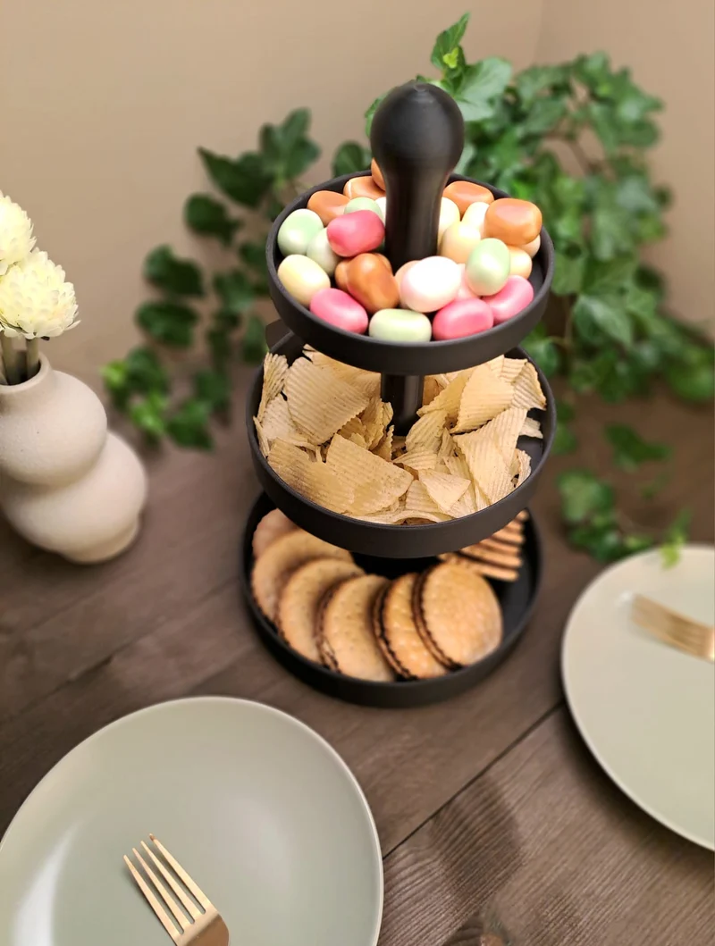 Présentoir de service à trois étages pour snacks et gâteaux