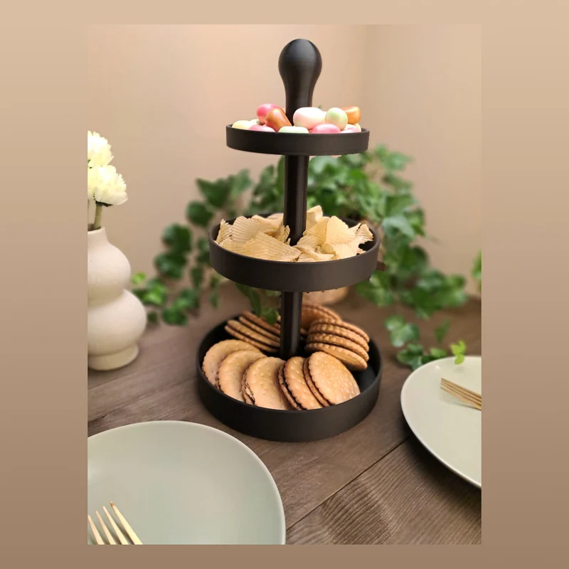 Présentoir de service à trois étages pour snacks et gâteaux