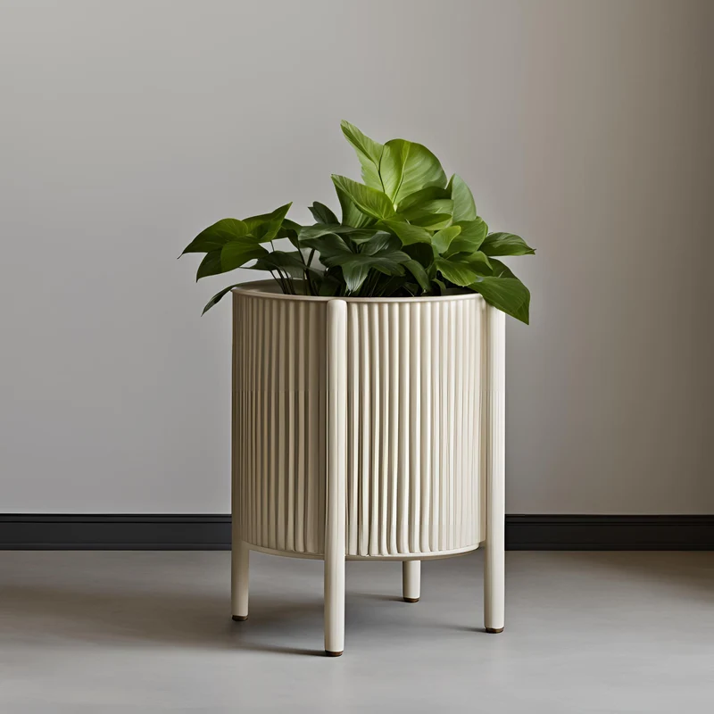 Cache-pot pour plantes mid-century rond et côtelé avec pieds