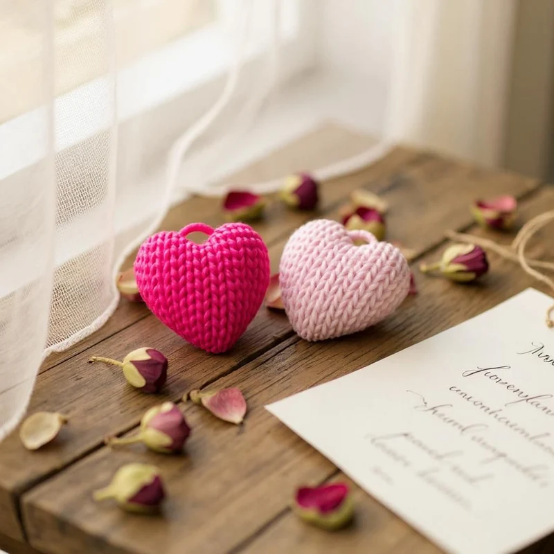 Porte-clés en forme de cœur avec motif finement tricoté